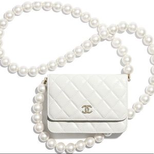 White Pearl Strap Quilted Leather Wallet on Chain